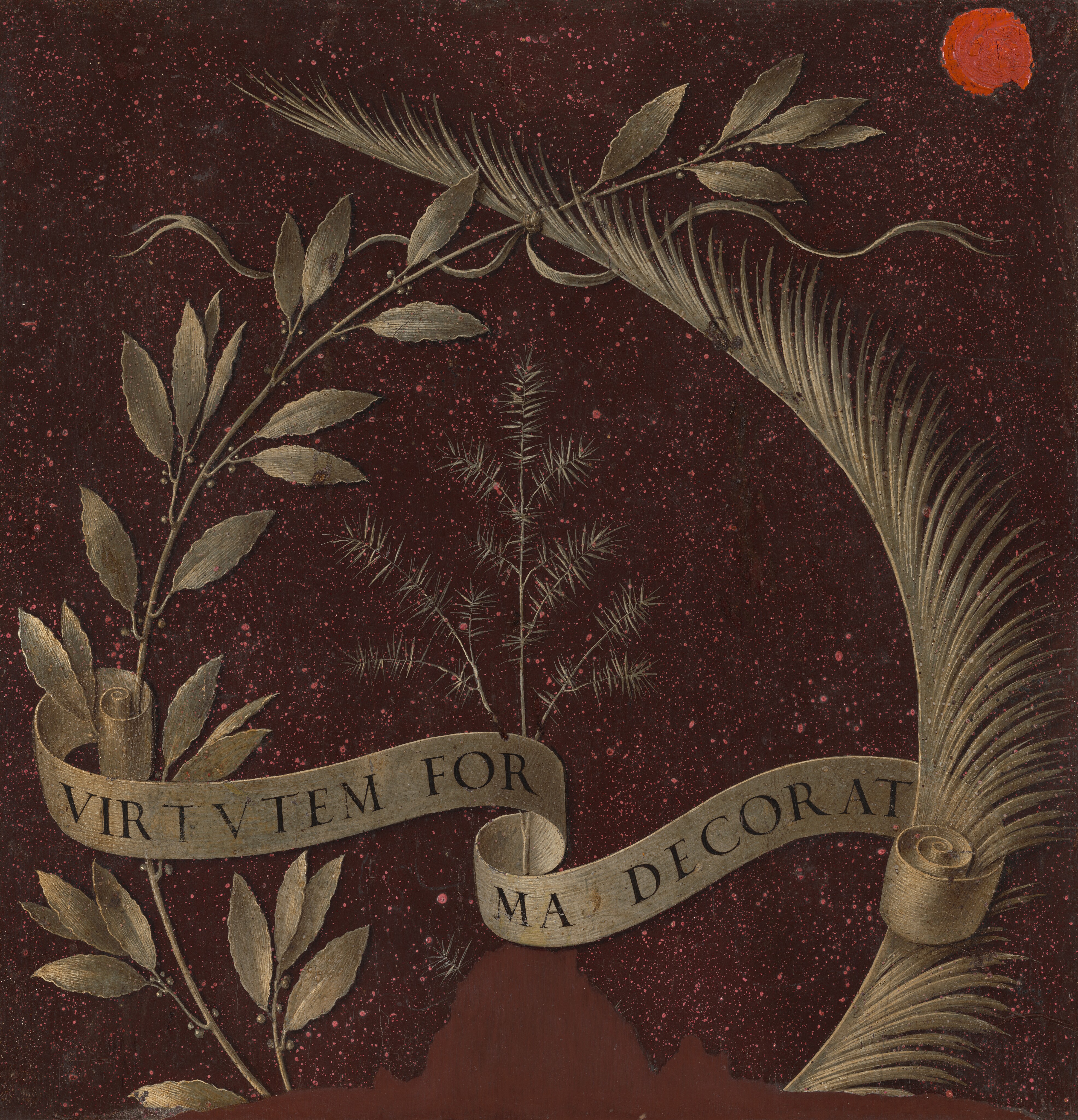 Wreath of Laurel, Palm, and Juniper with a Scroll inscribed Virtutem Forma Decorat [reverse] - Leonardo da Vinci