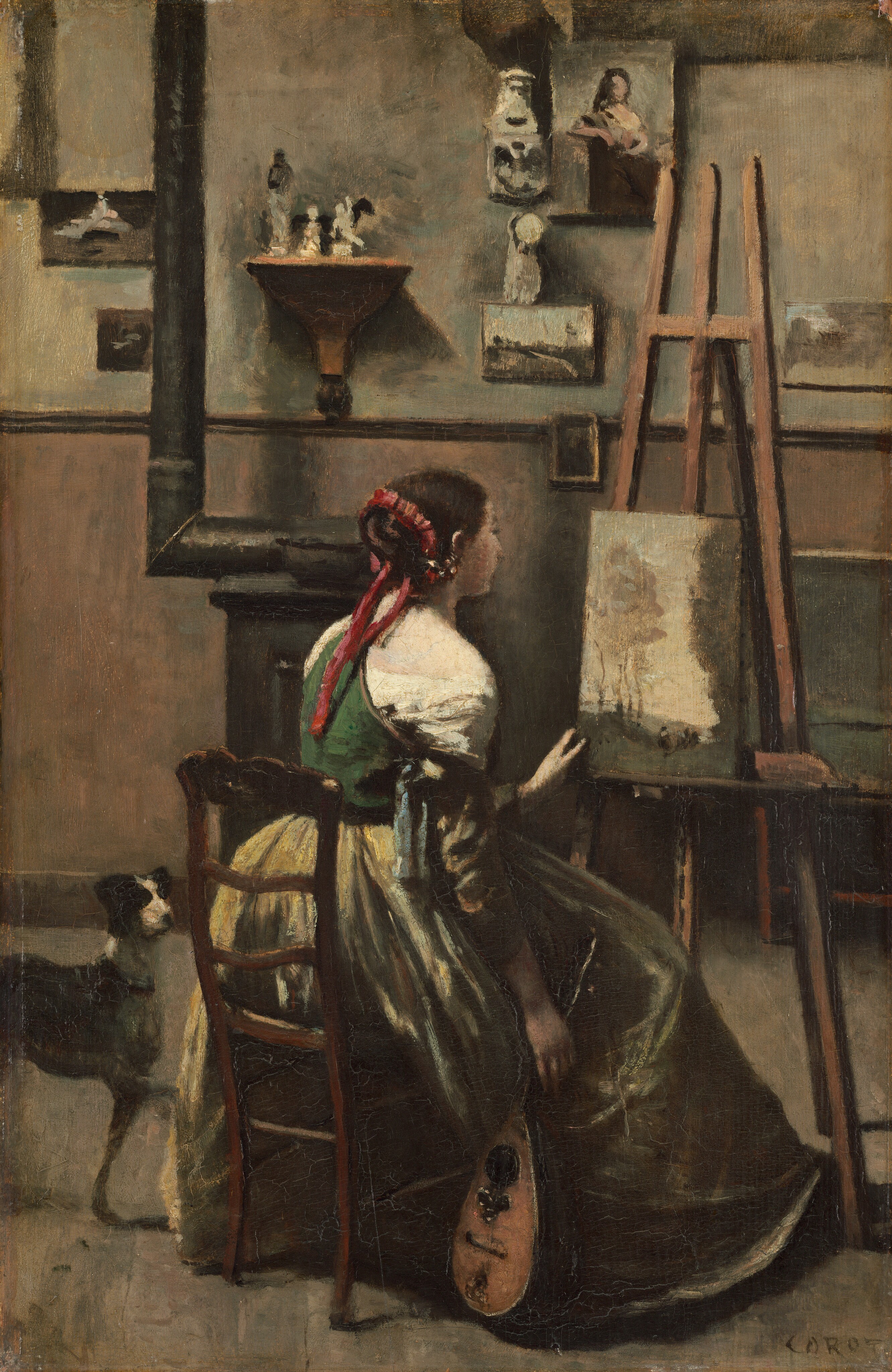 Corot's Studio: Woman Seated Before an Easel, a Mandolin in her Hand - Jean-Baptiste-Camille Corot