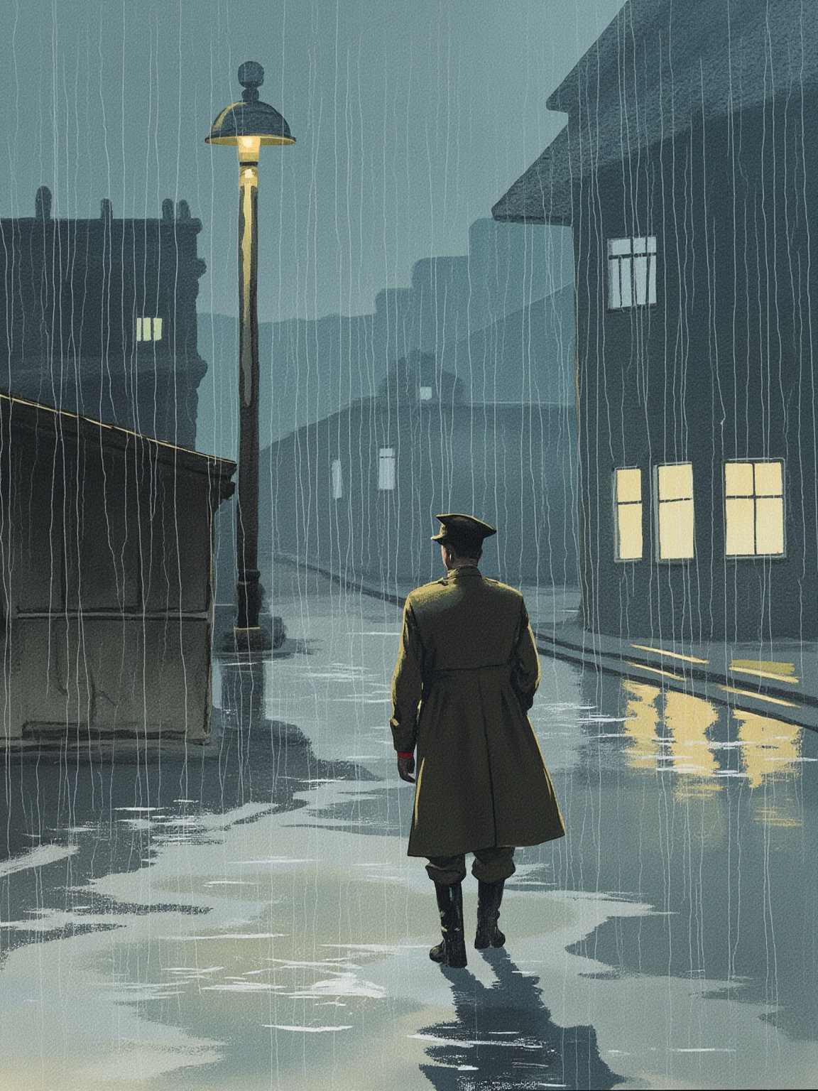 洛桑雨夜街角，男主独自走在湿漉漉的石板路上，背影被路灯拉得很长，远处医院的窗户亮着冷白光，他没有伞