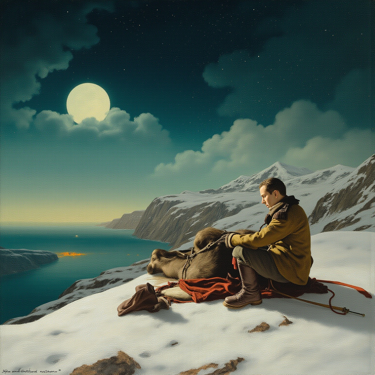 月夜下的驿道雪地边缘，一匹口吐白沫倒毙的军马静静躺着，旁边一个脱下军帽跪在地上的年轻军官背影孤立，远处一辆马车灯正在道路尽头消失；氛围是俄国冬夜独有的、辽阔的悲凉。
