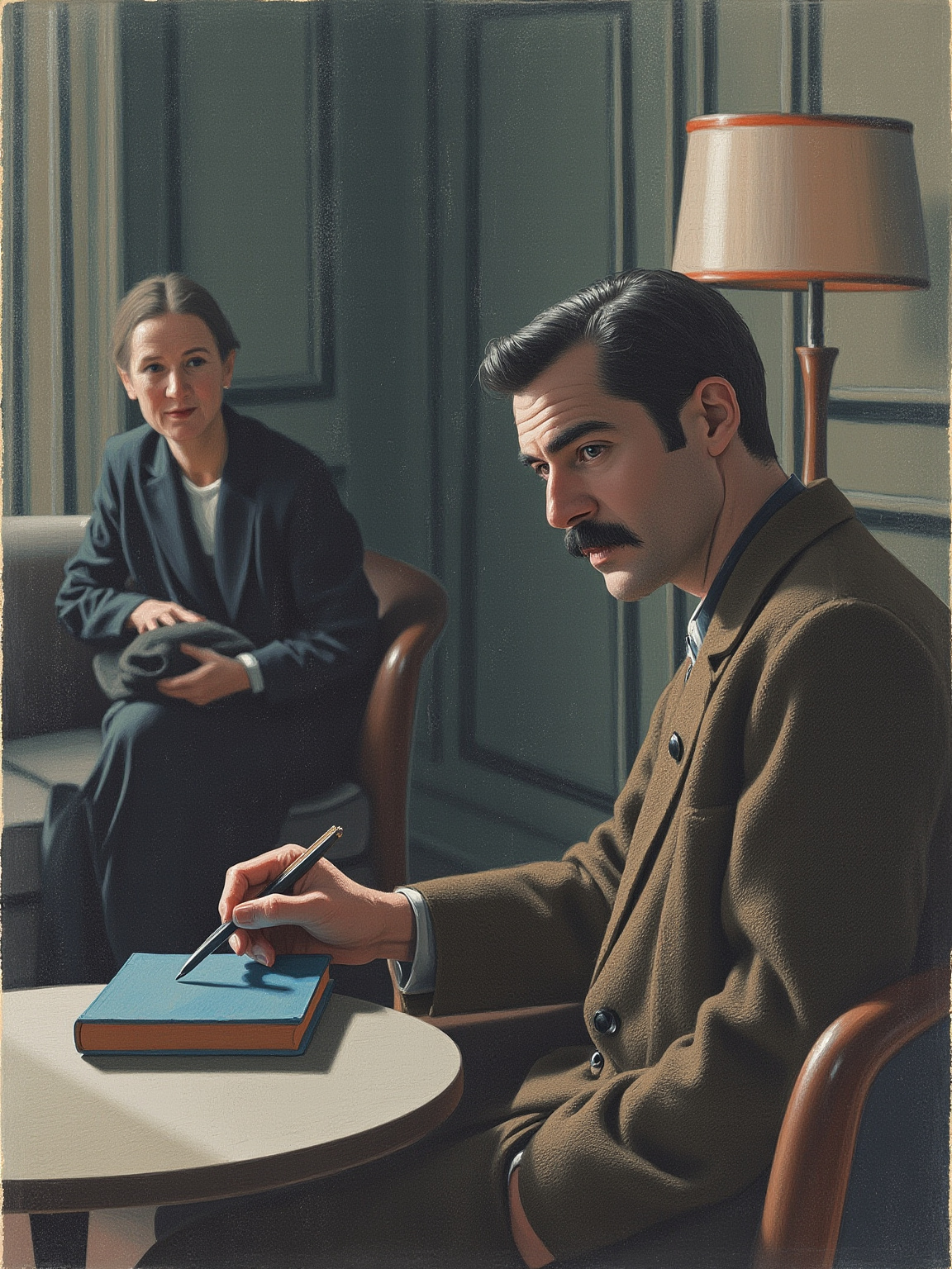 巴黎公寓客厅改成的私人画廊，四壁挂满立体派画作，一位身着深色长裙的中年女作家端坐沙发，面前一个穿旧西装、双手紧张握着帽子的年轻男人站着，二人之间是一只蓝皮笔记本