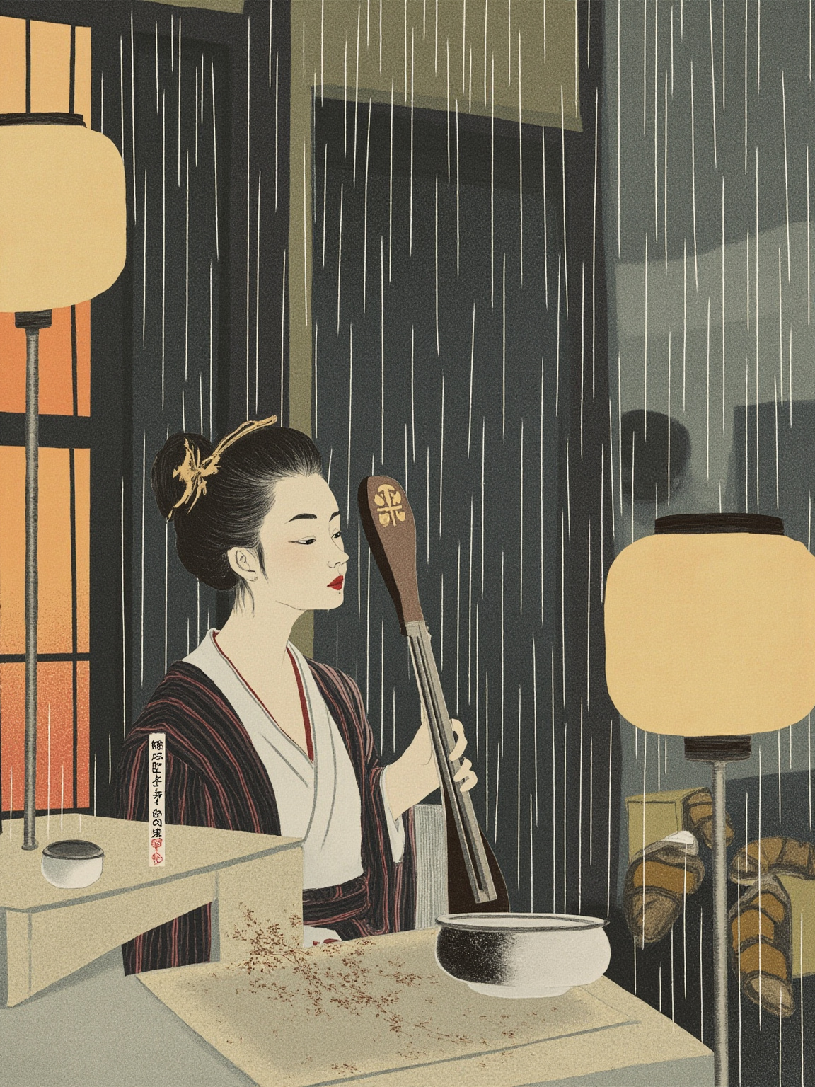 雨天的道修町街道上,少年牵着盲眼少女过桥,两人都披着蓑衣,少年侧耳听着远处隐约传来的三味线声,街边药行灯笼在雨中朦胧发亮