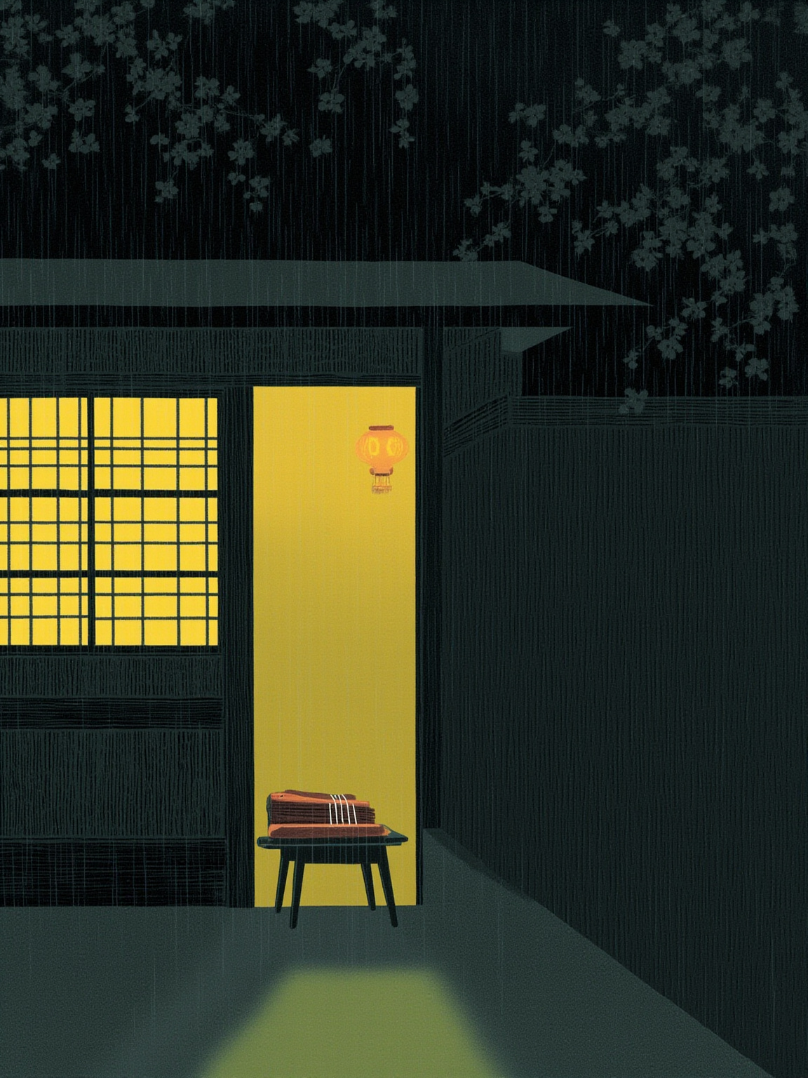 雨夜的鵙屋药商家外观,格子窗后透出昏黄纸灯的光,庭院里梅枝在雨中低垂,门内隐约可见三味线搁在琴架上,氛围幽暗而安稳