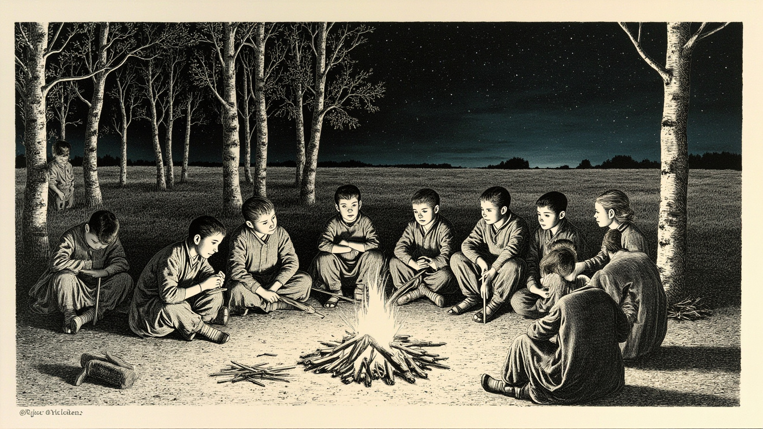 白桦草原的夏夜,一堆篝火在中央燃烧,七八个穿粗布衣服的农家男孩围坐成半圆,有的抱着膝盖,有的用树枝拨火,正专注地听一个男孩讲故事——远处是低低的白桦树轮廓和满天星。