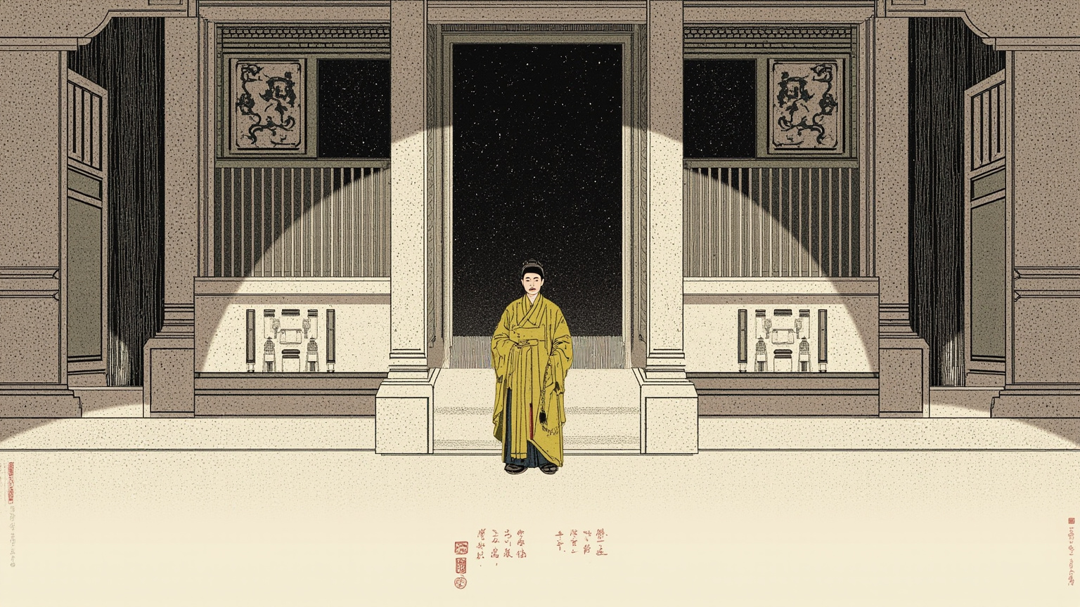 空荡荡的太和殿中,御座上堆着落灰的奏折,万历帝着常服站在殿柱阴影里,背对大门,神情冷漠而疲惫——一个拒绝上朝的天子形象