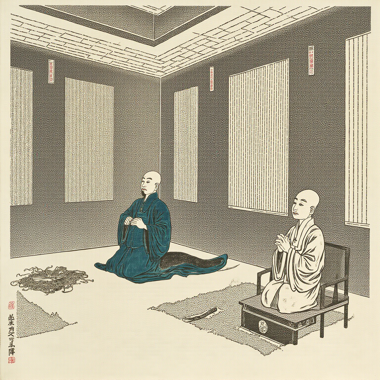 某禅房式囚室,窗外透入惨白月光,李贽着僧袍独坐于蒲团之上,面前摊着撕碎的经卷——剃刀放在膝侧,异端哲学家与自己的信仰同囚