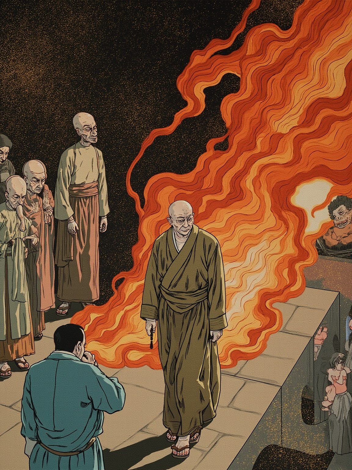 寺院石板小径上，老僧低头匆匆走过，两侧僧众与香客窃窃私语掩嘴而笑，秋日斜阳把老僧的影子拉得很长，画面边缘有人交头接耳、指指点点，氛围压抑而带一丝残忍