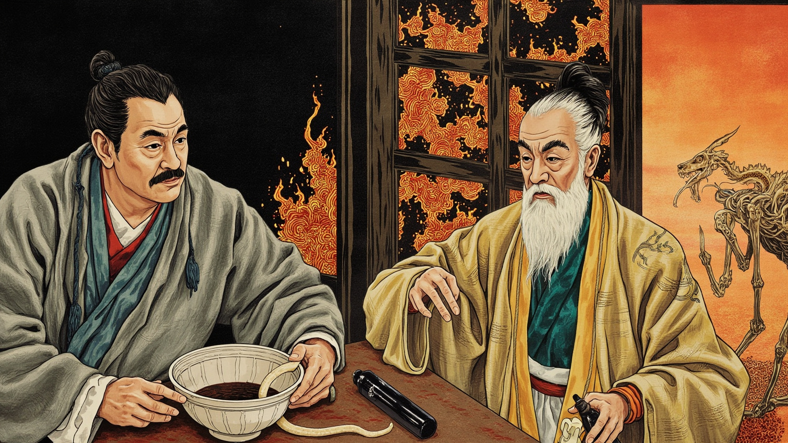 中国传统市井酒肆的内堂，一位长衫中年男子手按腹部神情恍惚，桌上一只陶碗倾倒，碗中爬出一条半透明的虫状物——对面端坐的白髯道士正捻诀施术，窗外是黄昏长山集的叫卖声