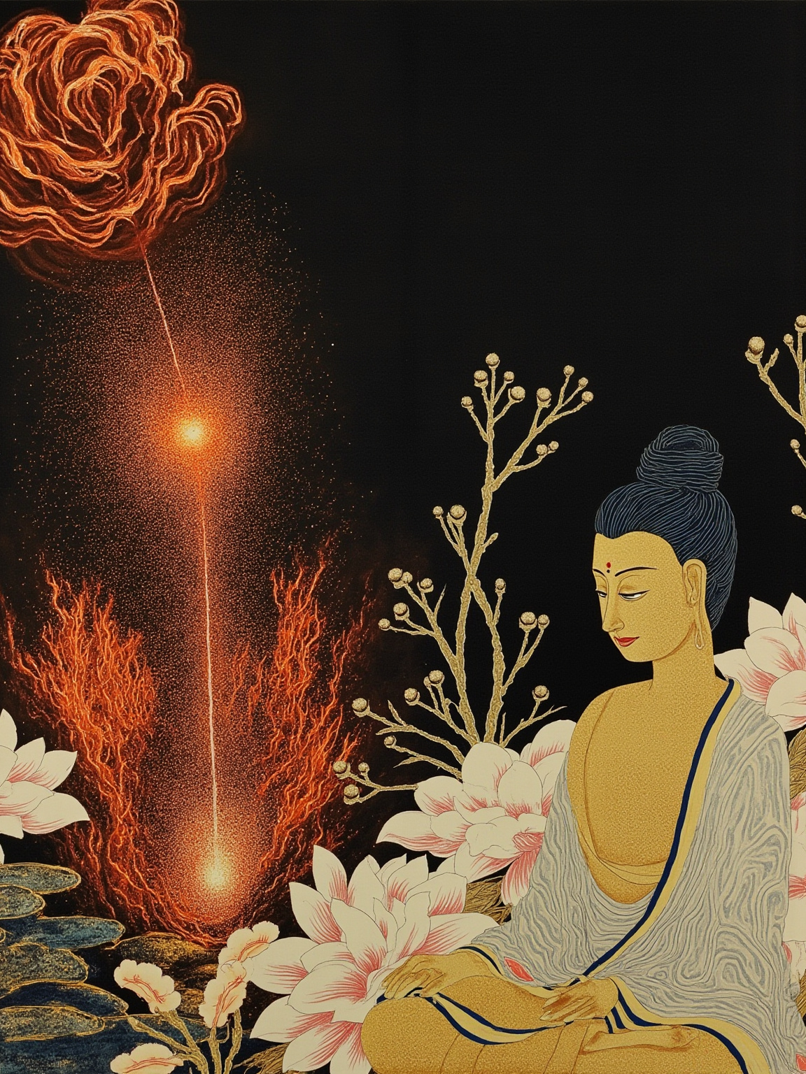 极乐世界的莲花池畔，释迦牟尼佛低头俯视脚下的黑暗深渊，一根泛着微光的蛛丝从莲瓣间垂下，丝尖落向远方沸腾的血池地狱——佛的面容既悲悯又冷淡，黑红地狱的微光映在他衣袍下摆