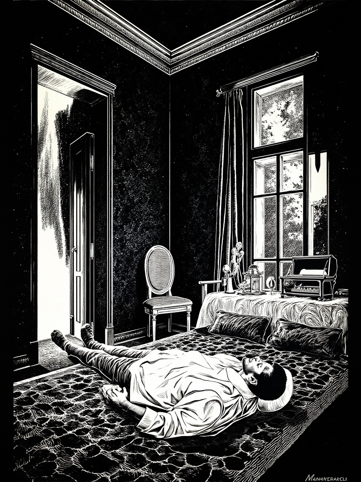 昏暗的卧室里,马斯顿仰面躺在床上,面色青紫,一只翻倒的威士忌酒杯滚落在地毯上;特写镜头里,床头小几上那只空药瓶在烛光下泛着冷光