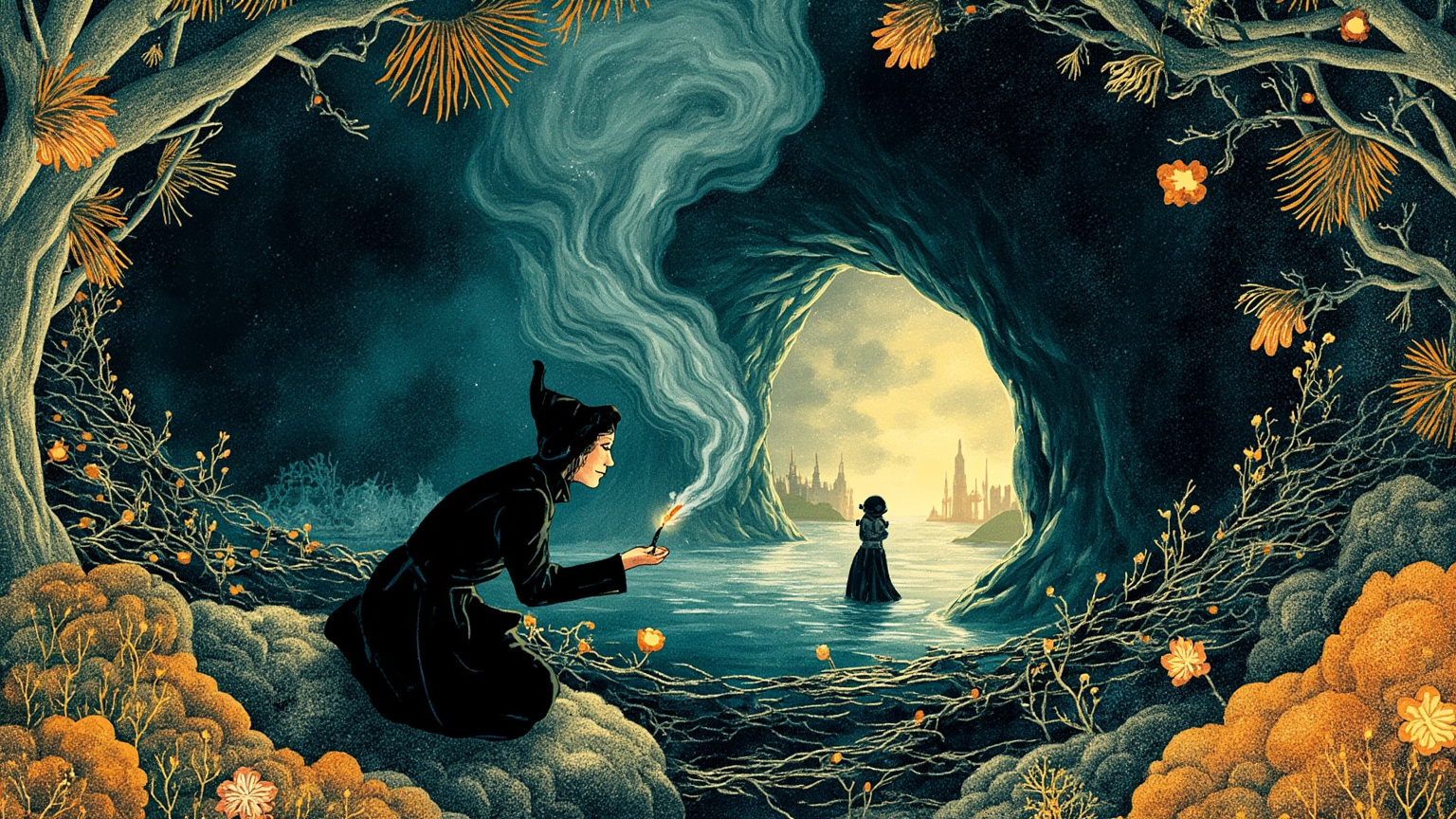 深蓝近黑的漩涡之底,一座由珊瑚与海藻缠绕的幽暗洞窟。海巫婆披着漂浮的水草,面前的坩埚冒着青烟。小美人鱼浮在洞口,长发如水母的触手,神情是下定决心的那种平静——背景有几束冷光从海面透下来,色调冷绿带紫,木刻版画的纹路感。