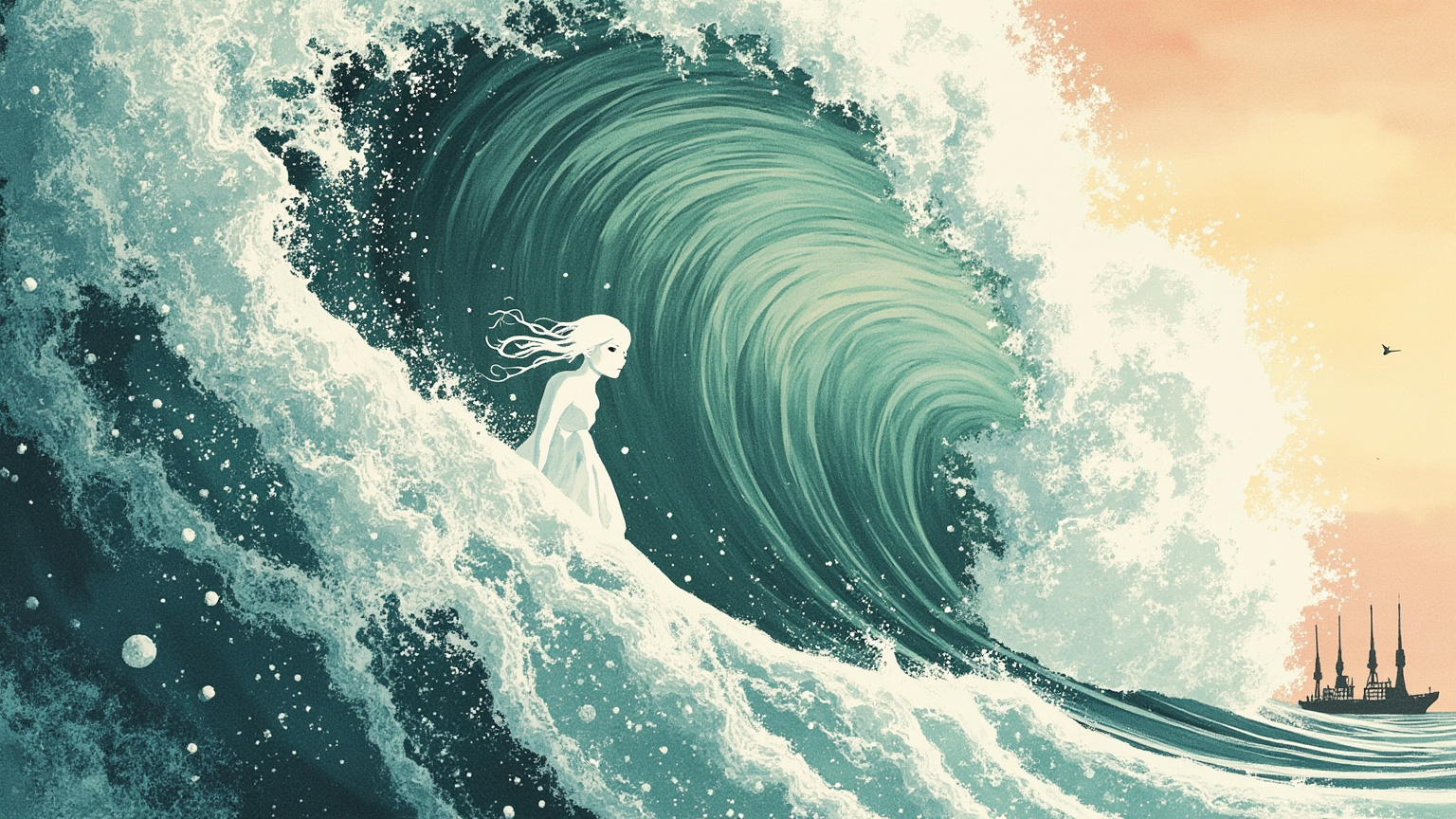 破晓时分,海面被染成冷粉与灰蓝。一个纤细的身影在浪尖化为无数细小的泡沫,远处的船桅剪影沉静。画面是悲剧的留白,没有王子,没有婚礼帐篷——只有大海、泡沫、和天边一线亮光。