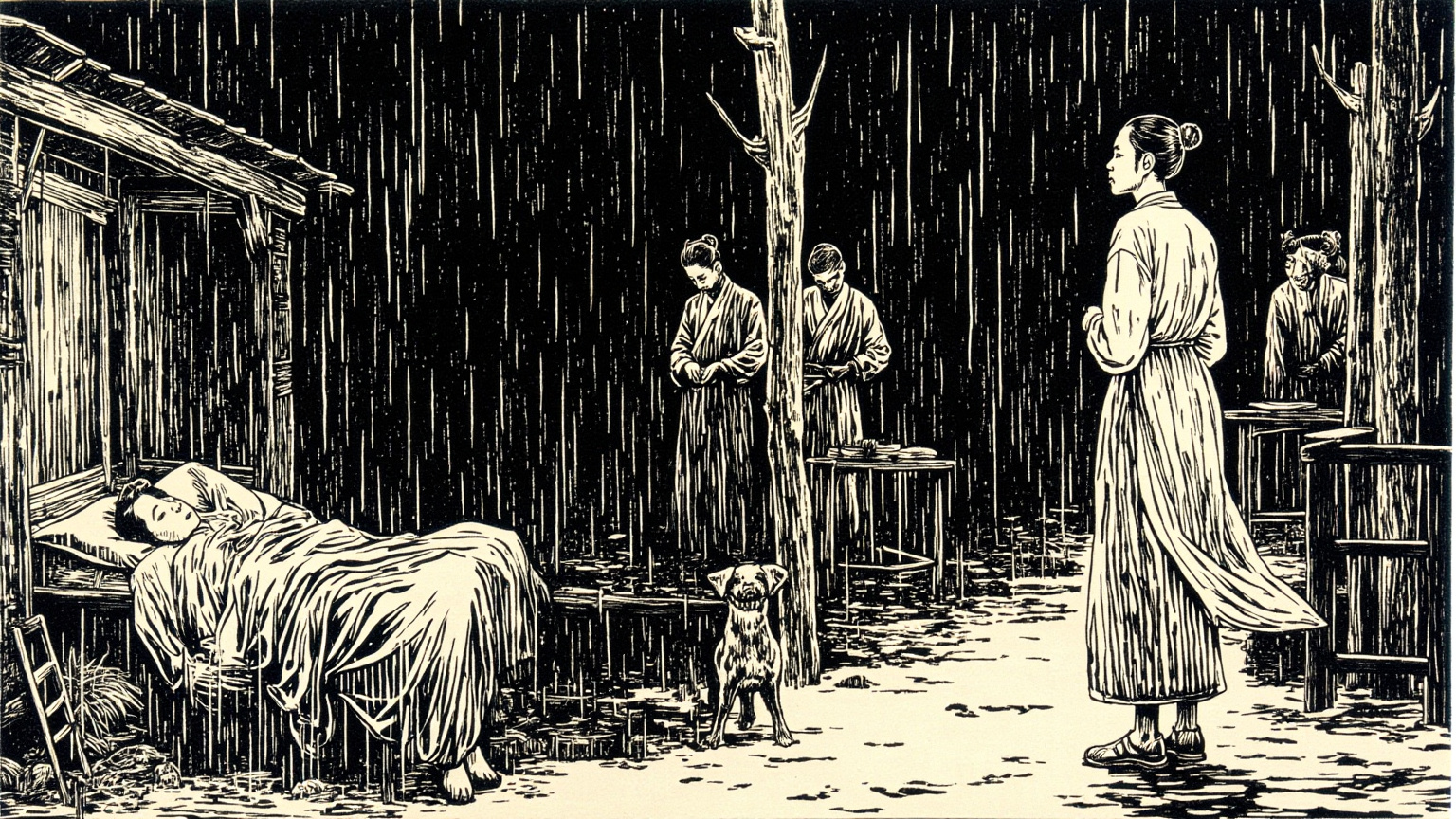 城外偏屋，雨夜，昏黄油灯下产妇躺在床上气息奄奄，身旁男人跪在泥地上死死攥住她伸出的手，屋外是瓢泼大雨与几盏摇晃的灯笼。