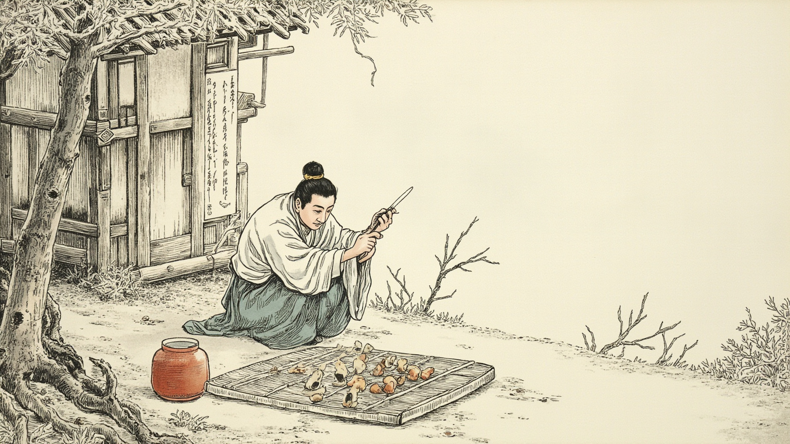 罗浮山山腰的湿润林下，葛洪蹲在一株灵芝旁用短刀小心切割，身后的竹匾上已经摊开几朵采好的五芝，雾气从山谷里漫上来
