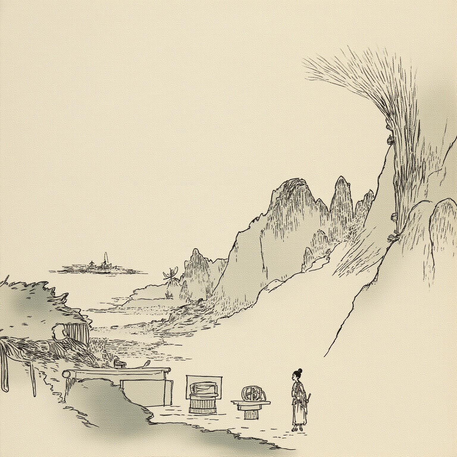 山道旁的石台上摊着一卷符箓图录，旁边立着几根桃木符棒，葛洪手持一卷竹简对比图录上的符形，远处有一个披发术士模样的身影正走下山道