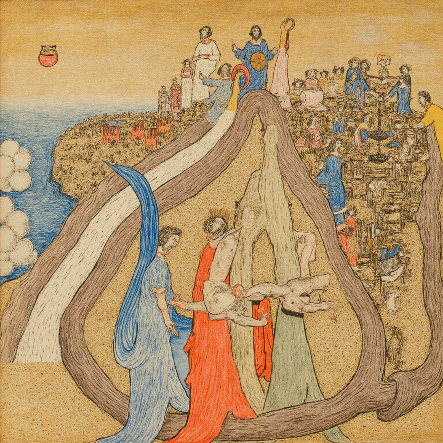 大地四境巡行：以诺又在大天使的引领下巡行大地——北、西、南、东四方；他看见北方七座宝石之山与其中含香之树、生命之树、被咒诅之谷，耶路撒冷的群山、峡谷与溪流——地理同样被逐项『点过』