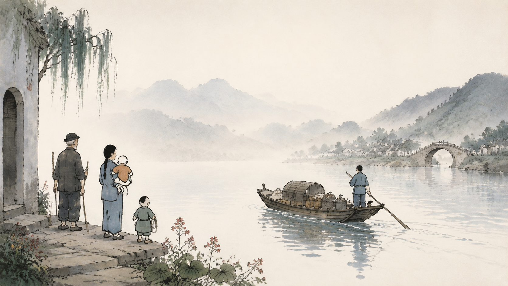 清晨的茶峒码头，天保独自撑一艘货船解缆离岸，船上堆着桐油和山货，他背影挺直没回头，岸上顺顺和邻里远远站着，雾气还没散开。