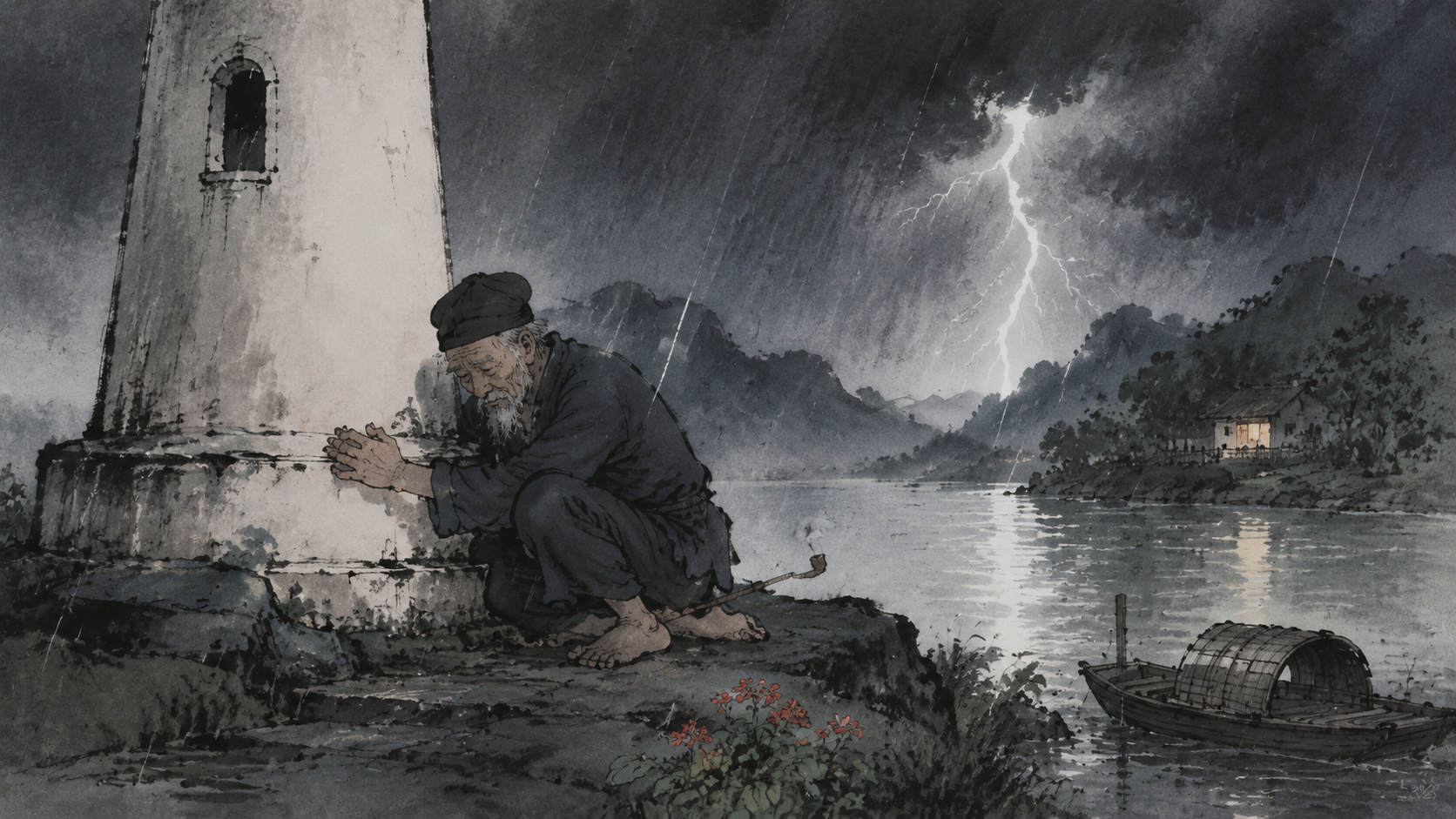 雷雨夜的茶峒渡口，老船夫独自蹲在溪边用身体护着白塔的基座，闪电把白塔照得惨白，他手中的烟杆已经熄灭，雨水顺着皱纹往下淌，翠翠家的小屋在远处昏暗中亮着微弱的灯。