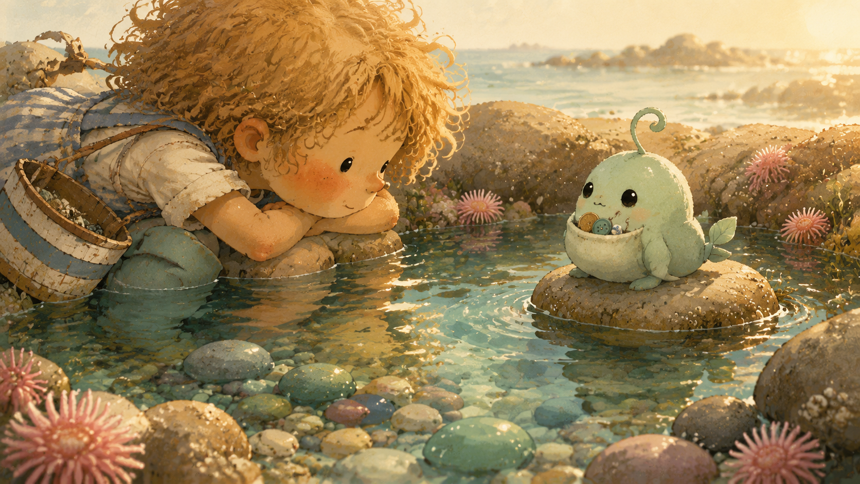 Moss sits on the biggest pebble with a pouch of treasures