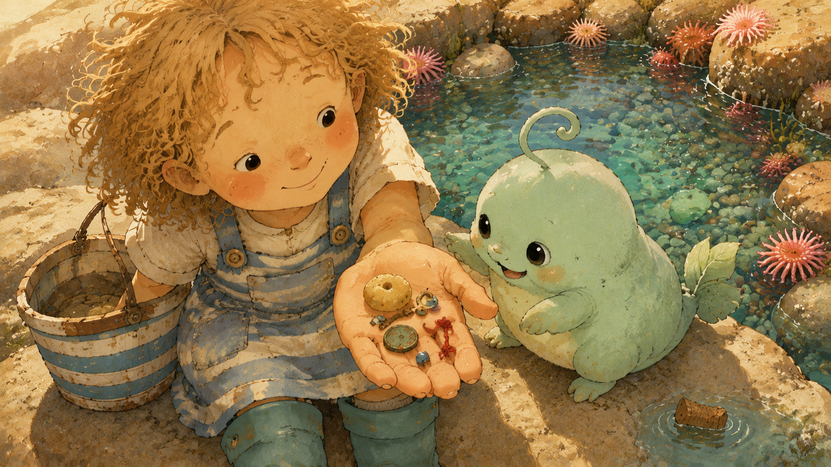 Moss spits a butter-pebble with a needle hole into Dilly's palm