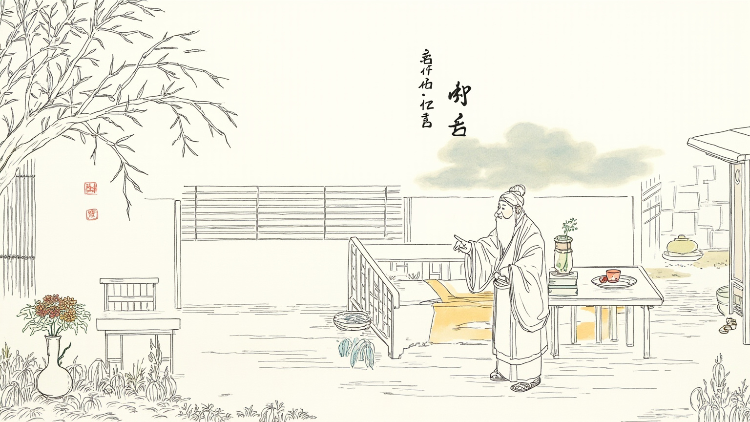 文人身着素布长衫，立于竹篱庭院中，一手扶石几，一手指向院外——身后是菜圃与盆栽，远处斜阳将落，氛围安静而沉思