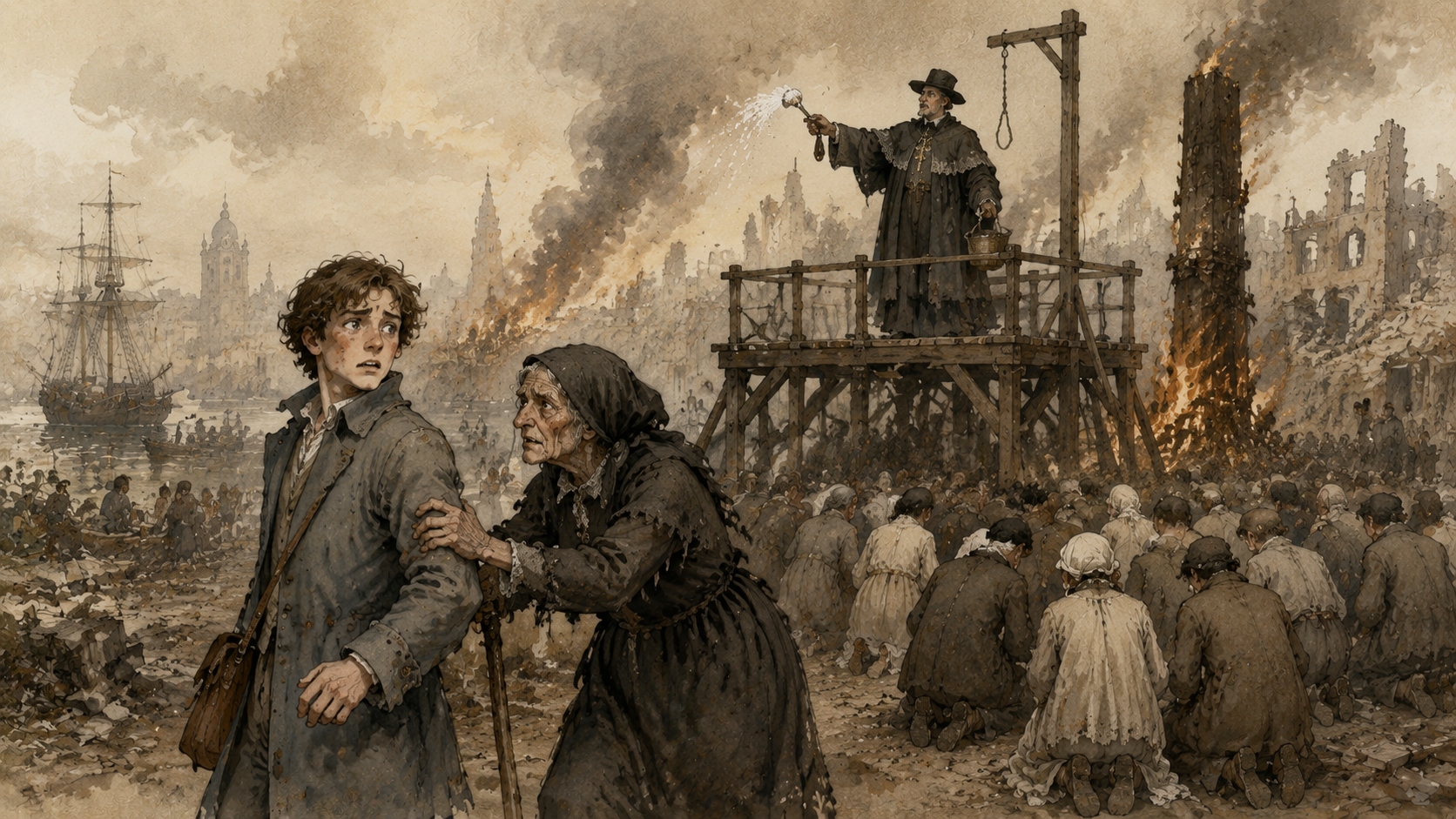 Thus he was musing, scarce able to stand, preached at, whipped, absolved, and blessed, when an old woman accosted him saying: "My son, take courage and follow me."