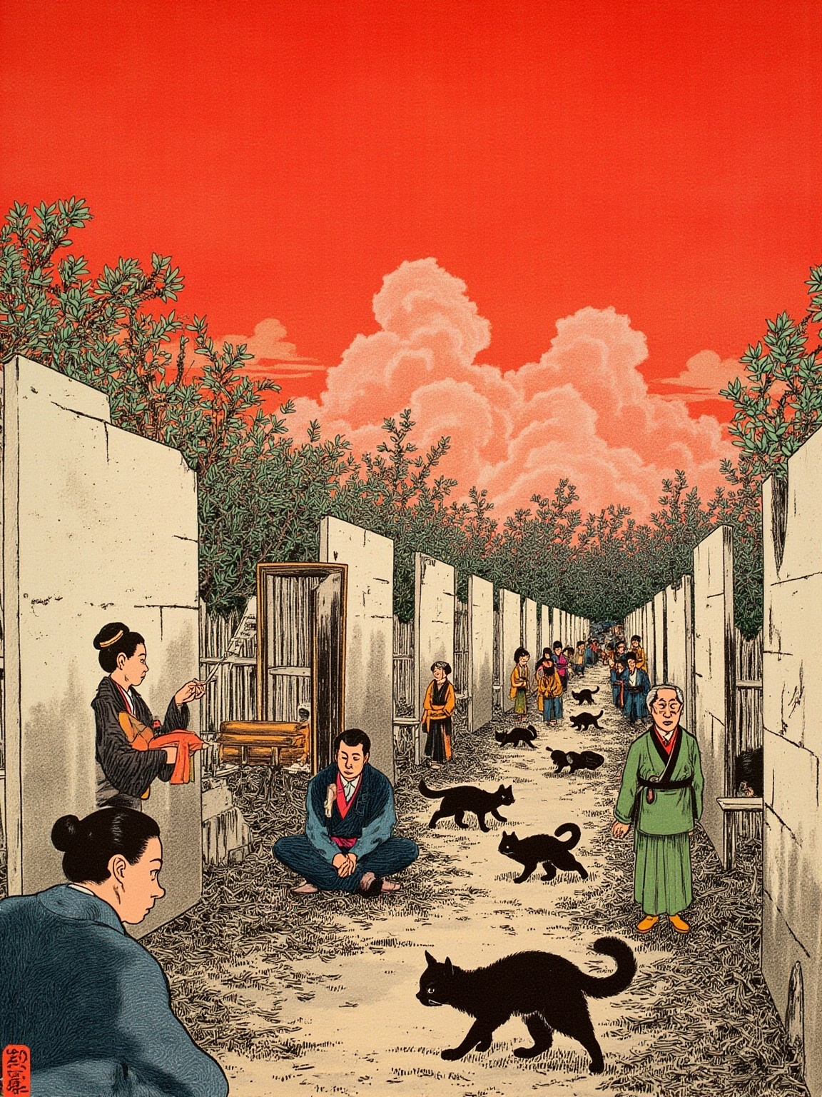 火星红色的天空下，猫城坍塌的城墙上空无一人，远景是矮个子兵卒的模糊剪影压过来，城墙缝隙里钻出几只逃窜的猫人剪影