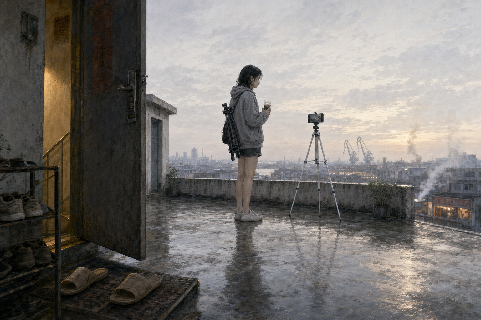 Dawn broadcast on the wet rooftop