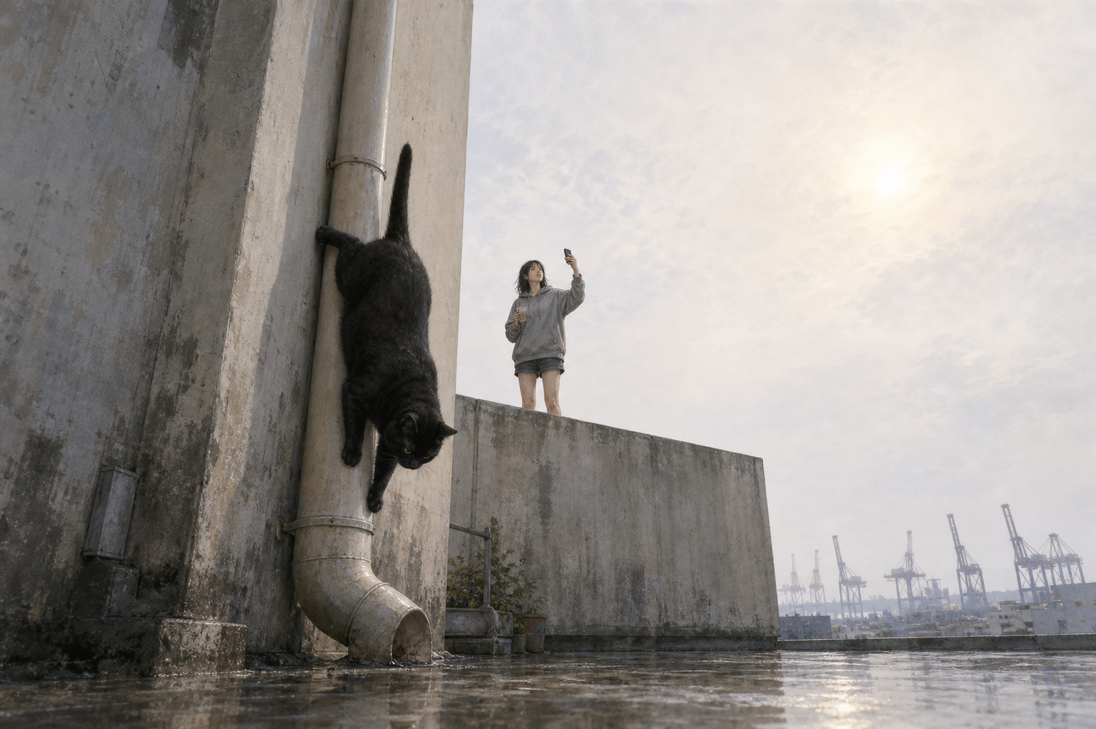 Heimi slides down the drainpipe