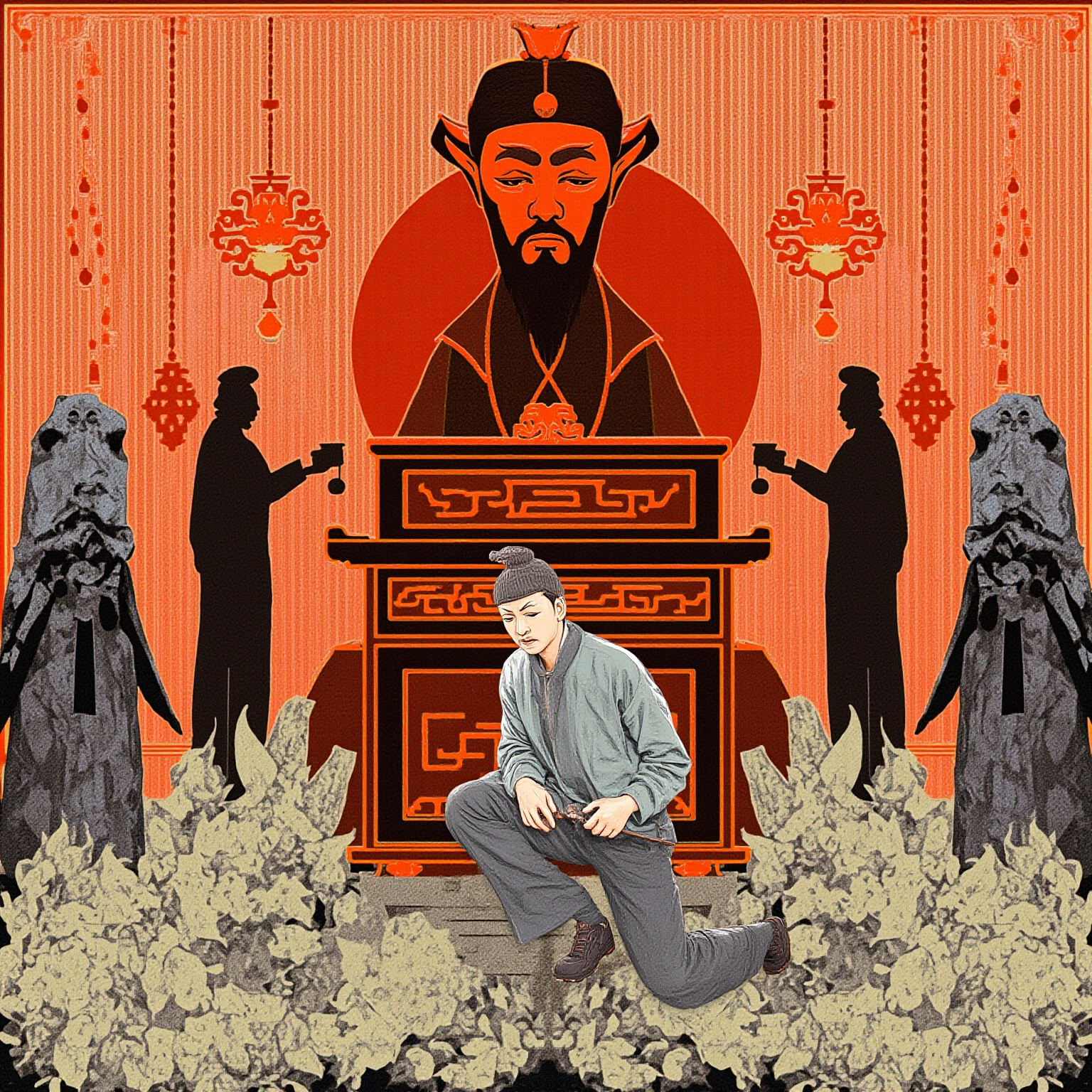 阴森阎罗殿,阎罗王高坐公案之后,判官持生死簿侍立,殿中央跪着一个瑟瑟发抖的落第书生,两旁牛头马面执灯笼,色调铁灰靛蓝,氛围压迫阴冷