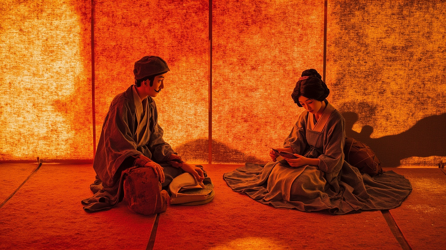 月夜深山古寺,一个落第书生挑灯夜读,门外隐约可见一位白衣丽人叩门,门缝透出狐尾的影子,书生浑然不觉,色调暧昧冷暖交织,氛围悬疑