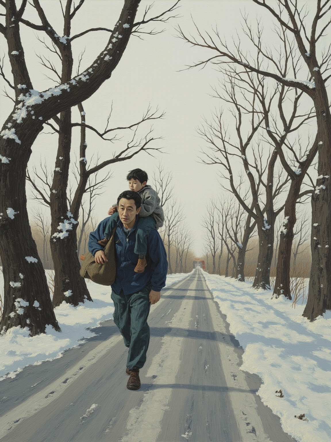 寒冬的乡间公路，路边光秃秃的杨树，许三观扶着背上的少年蹒跚走向远处一个镇子的医院招牌，他的脸蜡黄，嘴唇干裂，背上的孩子头垂着不动，灰白色的天空压得很低。