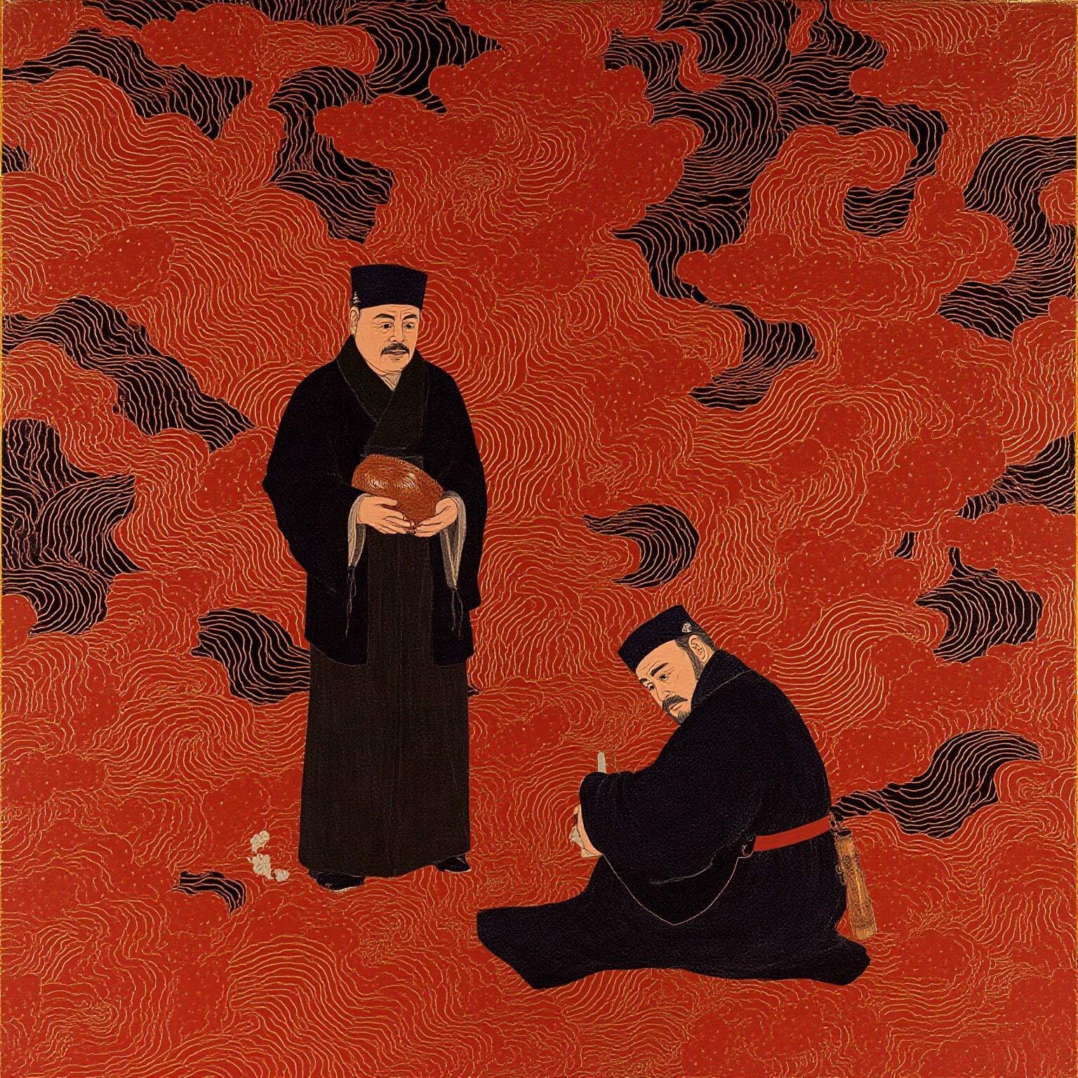 室内简朴灵堂，庄子箕踞鼓盆而歌，神情平静而深远；门口立着惊愕的惠施，手里提着吊唁的礼——室内外光线明暗对比，秋意萧瑟