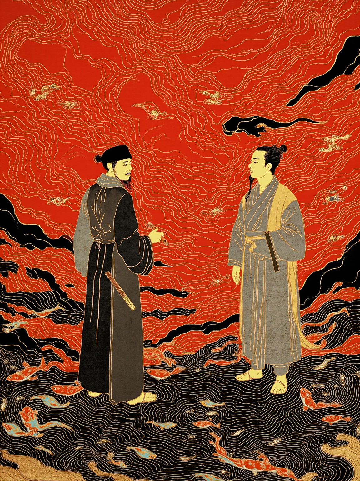 濠水桥上，庄周与惠施相对而立，桥下鱼群悠游穿梭——两人衣袂在风中微拂，神情既辩且谐，秋水澄澈