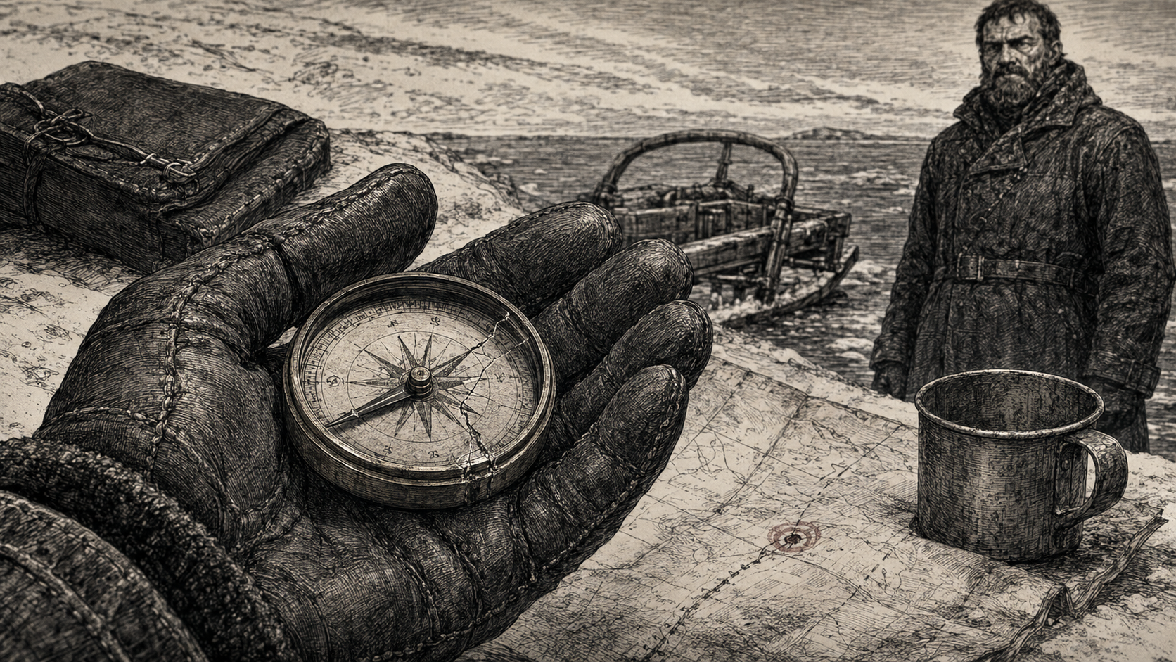 The map and compass under the sled bar