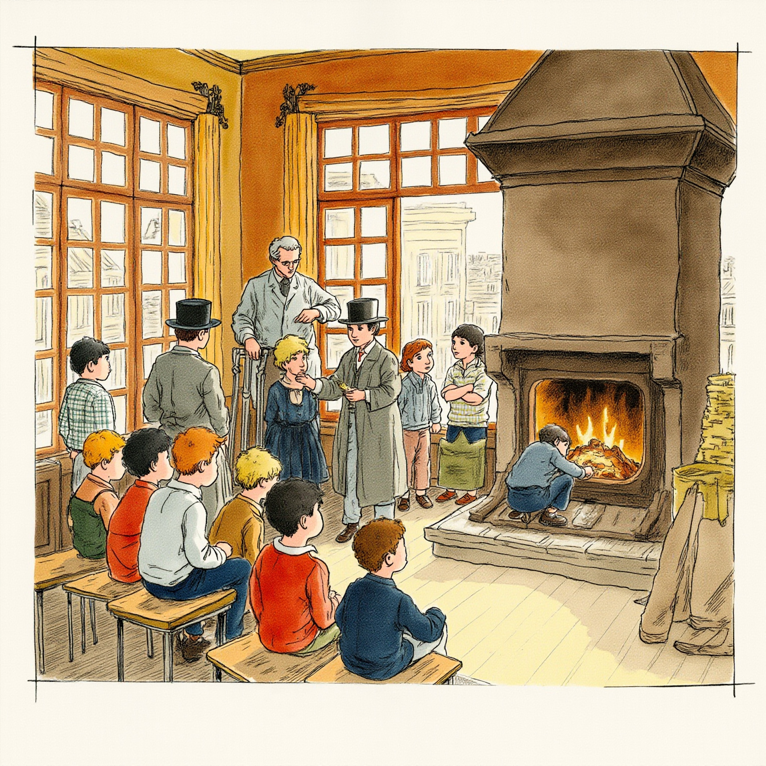 1882年7月，都灵小学三年级教室最后一课，瘦削的老师佩尔博尼面向学生深深鞠躬，面前旧黑板上用粉笔写着意大利文“谢谢”，木窗大开，外面是夏天的金色光线，孩子们坐得笔直。