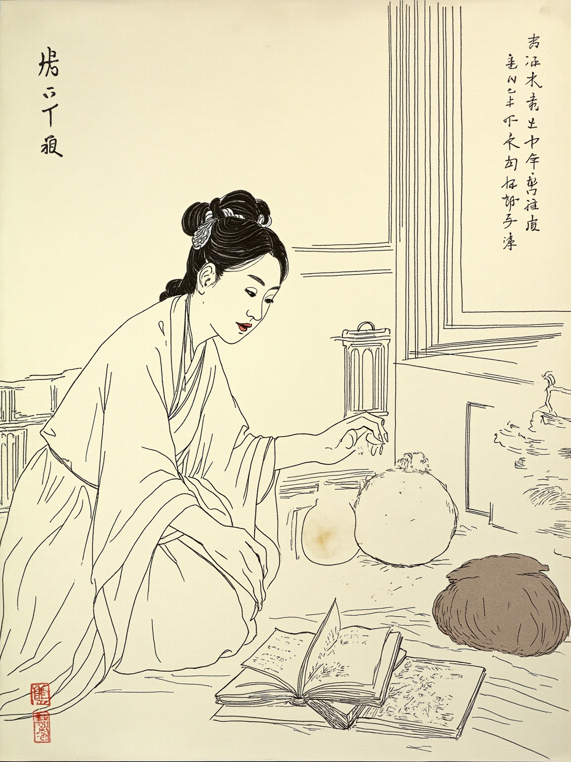 清末绍兴老宅的厢房，傍晚昏暗的窗光下，一个矮胖的中年妇人把一本厚厚的线装书放在少年书桌上，少年愣愣抬头看她——妇人脸色平常，像是顺手做了一件小事。桌上摊着一部带插图的《山海经》，人面兽、九头蛇的墨线隐约可见。