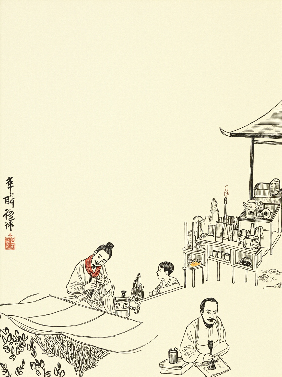 绍兴乡间临时搭起的戏台，台上一个白脸红黑条纹的活无常戴着高帽、手执破芭蕉扇，正扭过身看台下——台下乌压压一片乡民小孩，最前排一个小男孩笑得前仰后合。暮色里戏台两盏油灯摇摇晃晃，烟火气十足。