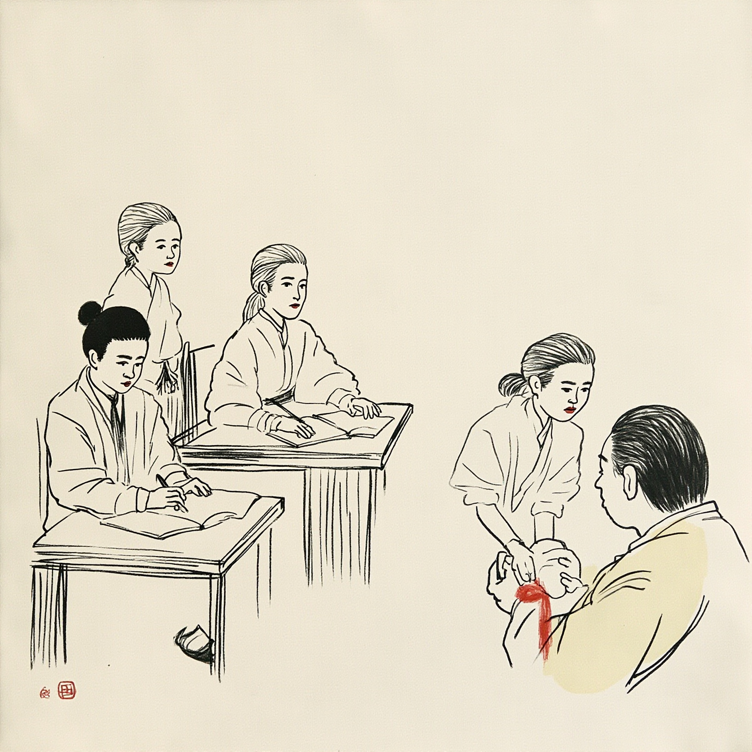 日本仙台医学专门学校的课堂，幻灯机的光幕刚刚熄灭，黑暗中只剩一束微弱的光打在前排一位日本教授的侧脸上，他正低头用红笔在一个中国学生的讲义上做批注；学生攥着笔记本，目光却停在空白的白色光幕上。光幕后面隐约可见几个围观的剪影模糊一片。