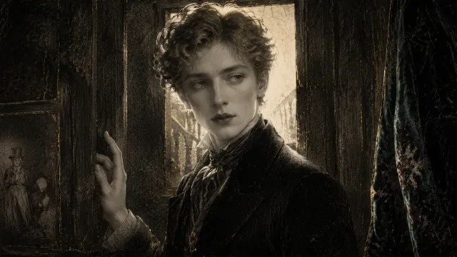 A young man pauses in a dark doorway, his face softly backlit like a figure stepping out of an old Italian altarpiece; a fold of velvet screen is just visible at the frame's edge.