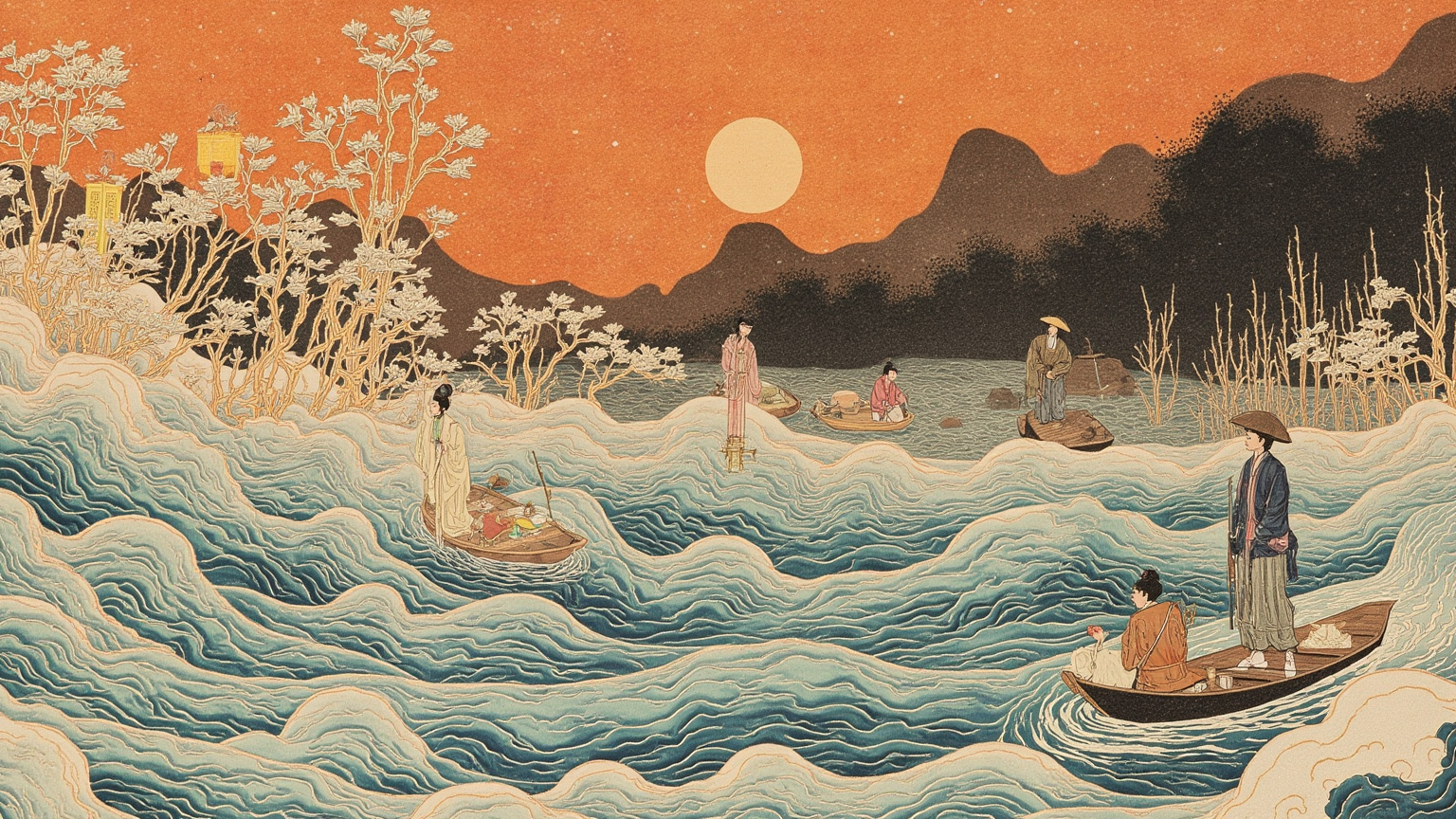 七月半西湖夜景，五种看月人分占画面不同层次：楼船华灯在前、名士小船轻幌在中、市井喧闹在后、断桥树影下一叶孤舟几乎隐入夜色，明代服饰与湖光月色，画面有暖橙与冷青的对比。