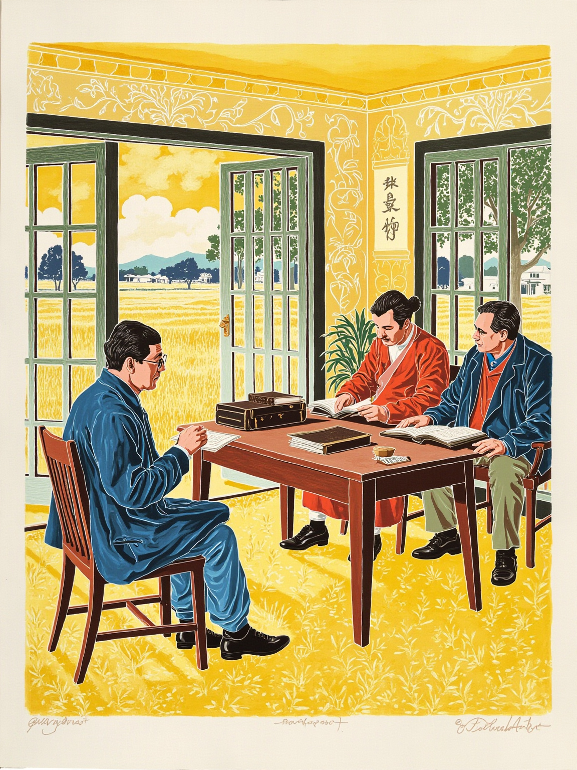 旧金山唐人街一间烟雾缭绕的旧书房,墙上挂着褪色的中文和希伯来文对联;一个穿长衫的华人老者居中,两位中年男人——一个爱尔兰裔、一个华人——围坐桌前,桌上摊着一本厚旧《圣经》和一本中文字典,气氛肃穆。