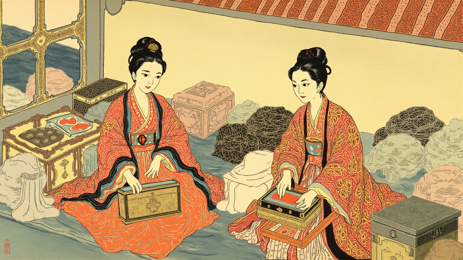 运河客船上，箱笼行李堆放舱中，描金匣子在其中，一只纤手正扶住——南归路上的平静与行李的搬迁感