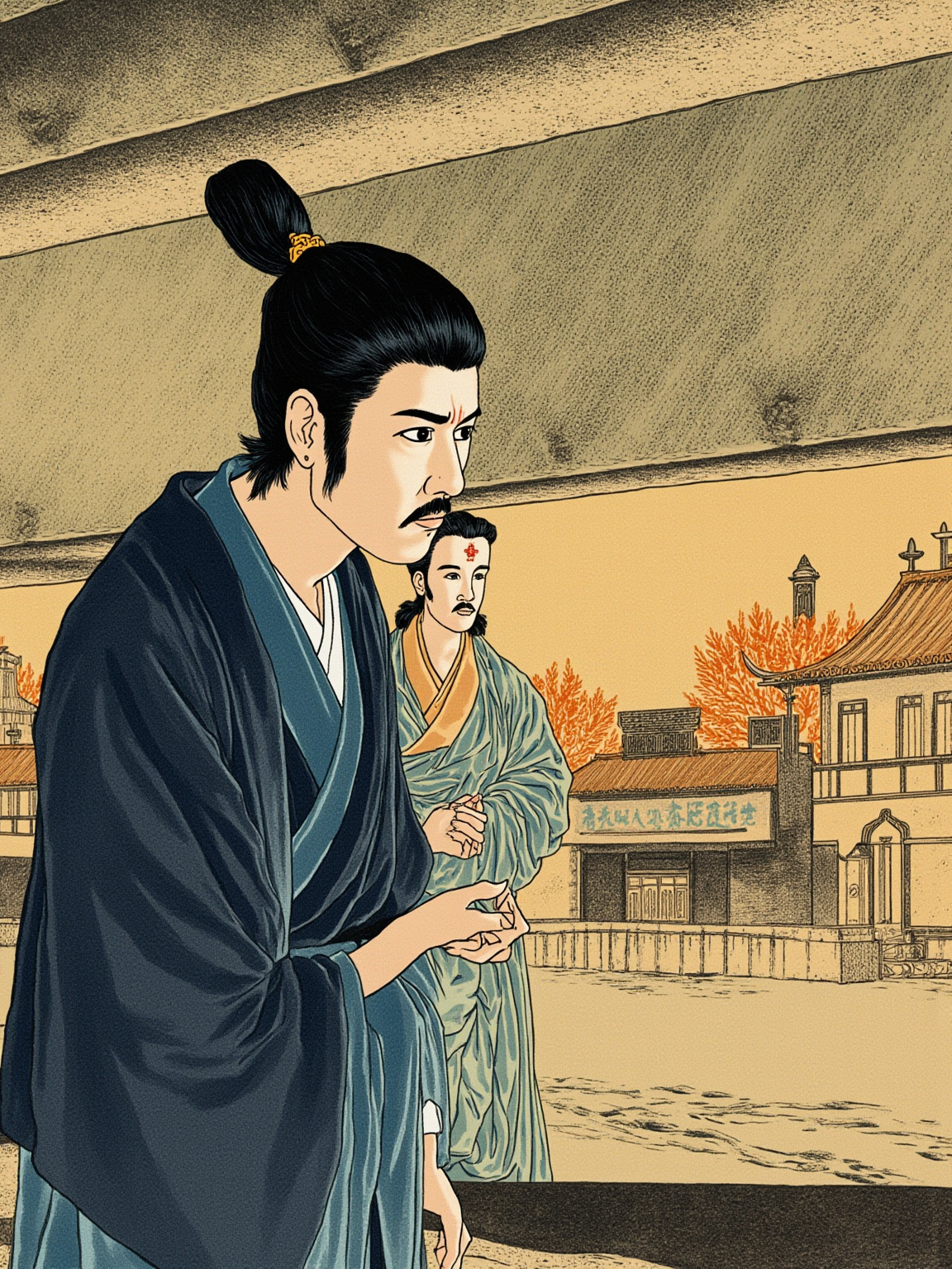 舱内灯下，李甲侧脸闪烁，神色在犹豫与算计之间——一个软弱书生的一夜权衡，氛围压抑