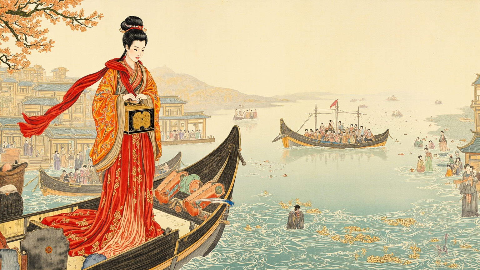 瓜洲渡口江畔，盛妆女子立在船头，身前描金匣大开，珠宝散落江面，远处是怔住的众人——公开审判、逐件沉宝的仪式感与江水寒光
