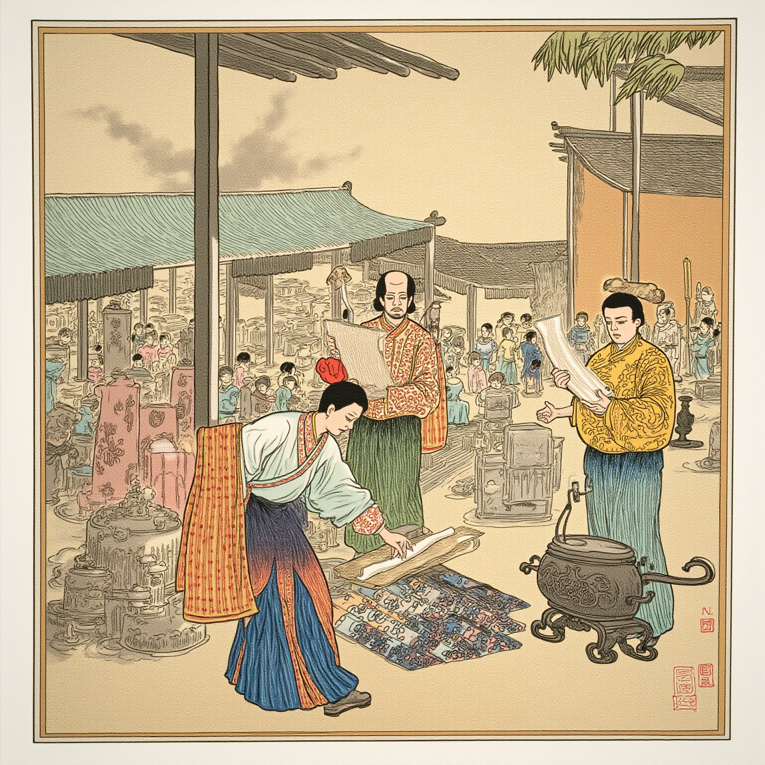 明代书坊木刻版印的画面感：说书人或读书人翻看线装书卷，旁边茶炉烟气缭绕，市井书坊的烟火气
