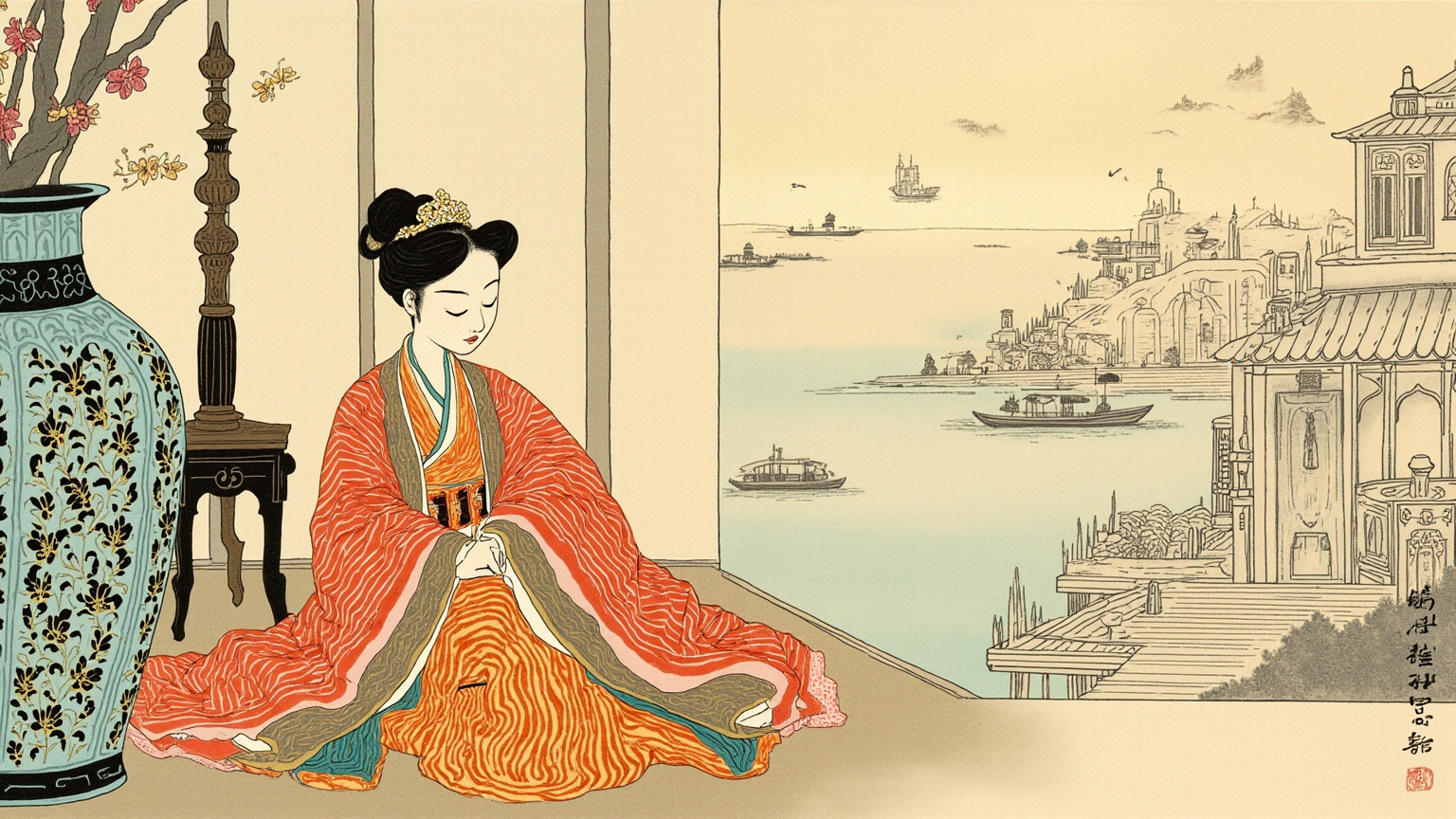 教坊女子在灯下独坐，身侧一只描金匣子半掩，玉珠隐约可见——孤独而警觉的氛围，只有她知道匣中秘密