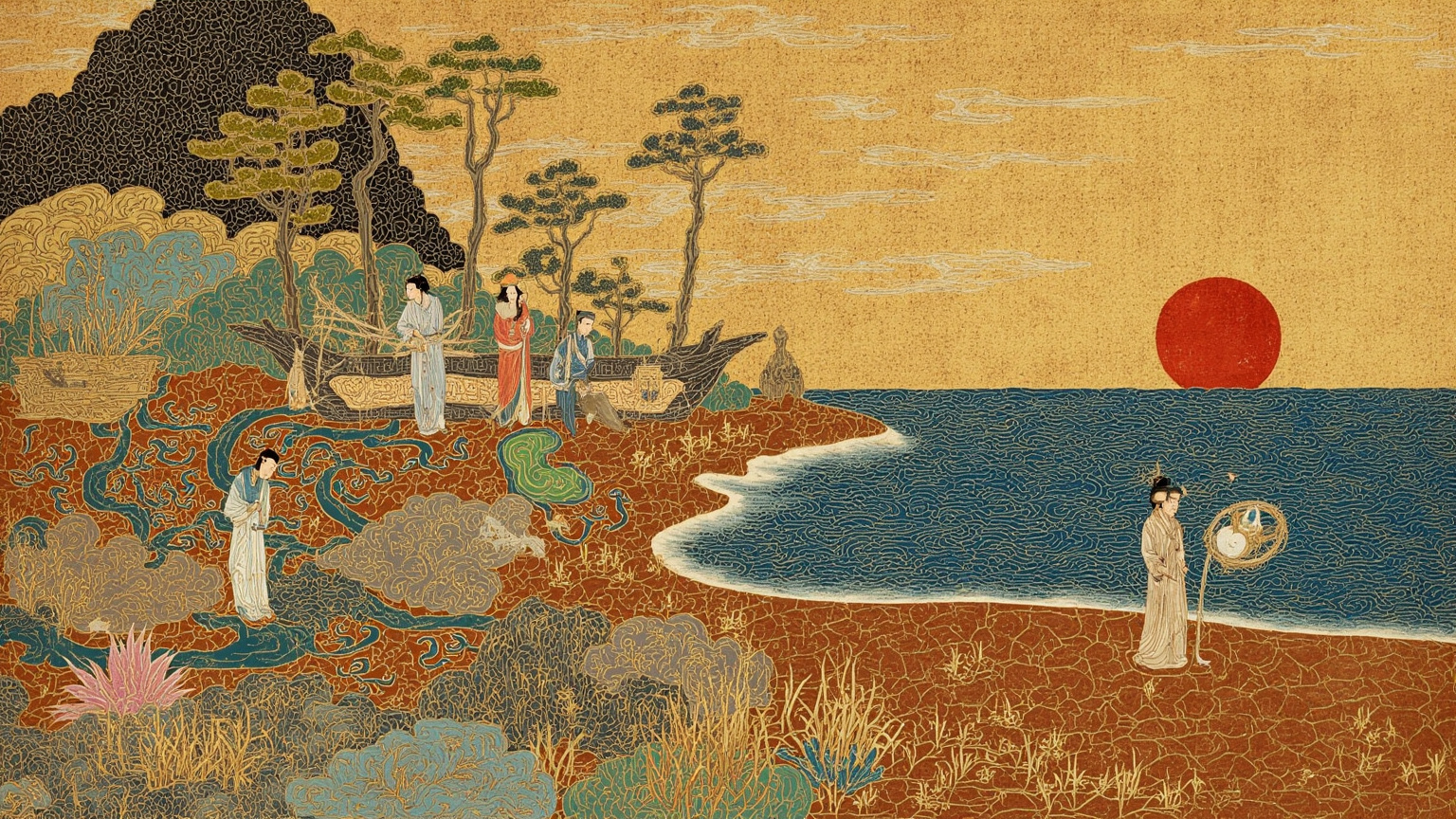 红海岸边,一个小小的木舟靠岸,舟上堆着一罐心和发光的护身符,背景是初升的太阳照在尼罗河三角洲的纸草丛上——氛围是劫后余生、安静归来