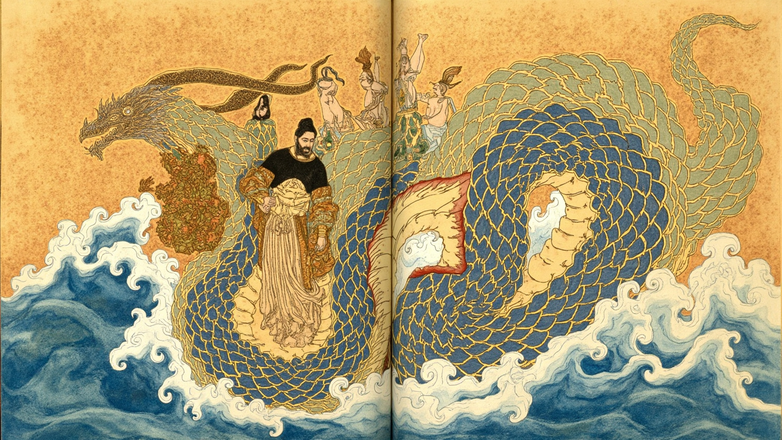 提亚马特身披鳞甲浮于风暴海面之上,身后排列着十一头形态各异的怪兽剪影,金古跪于其侧接受一枚发光的泥牌——命运之碑