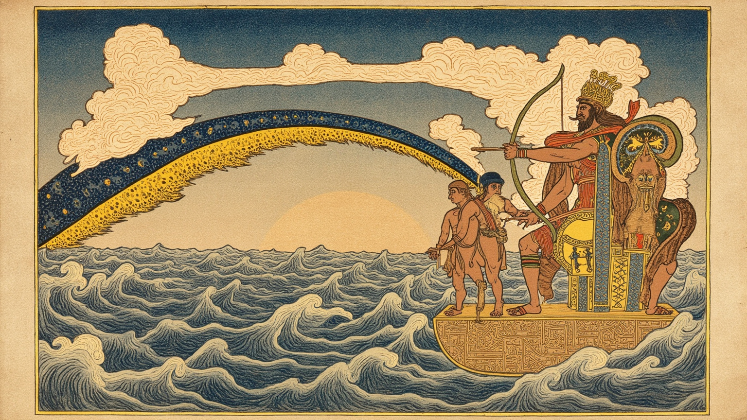He split her like a shellfish into two halves; one half he set in place and made the sky.